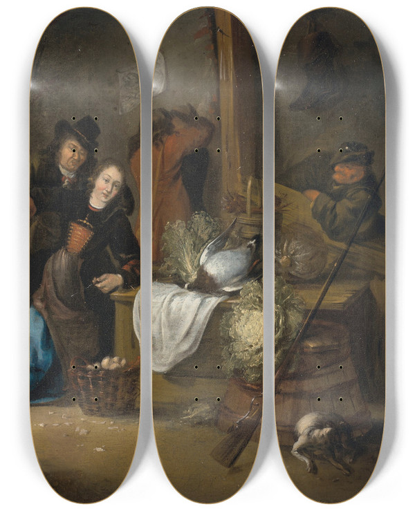 Triptych art skateboard deck of Gerrit Lundens A Rustic Interior With A Seated Woman And Other Figures Making Merry by Gerrit Lundens (1622-1686)