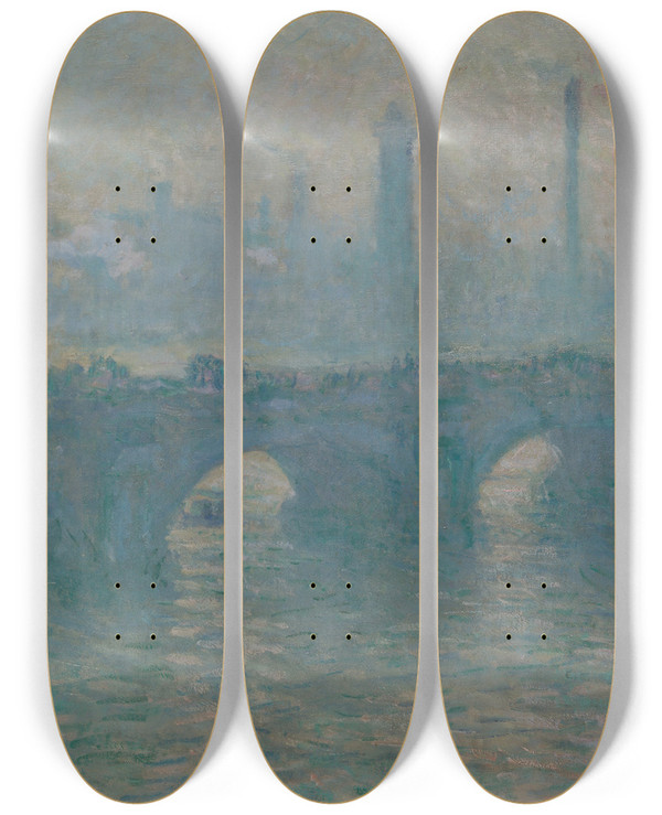 Triptych art skateboard deck of Claude Monet Waterloo Bridge Gray Weather by Claude Monet (1840-1926)