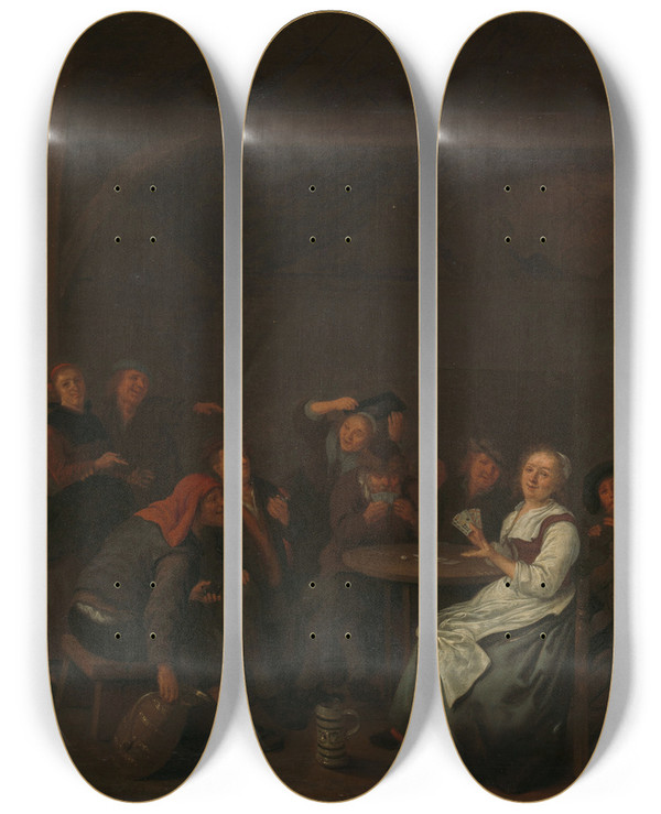 Triptych art skateboard deck of Jan Miense Molenaer Cheating At Cards by Jan Miense Molenaer (1610-1668)