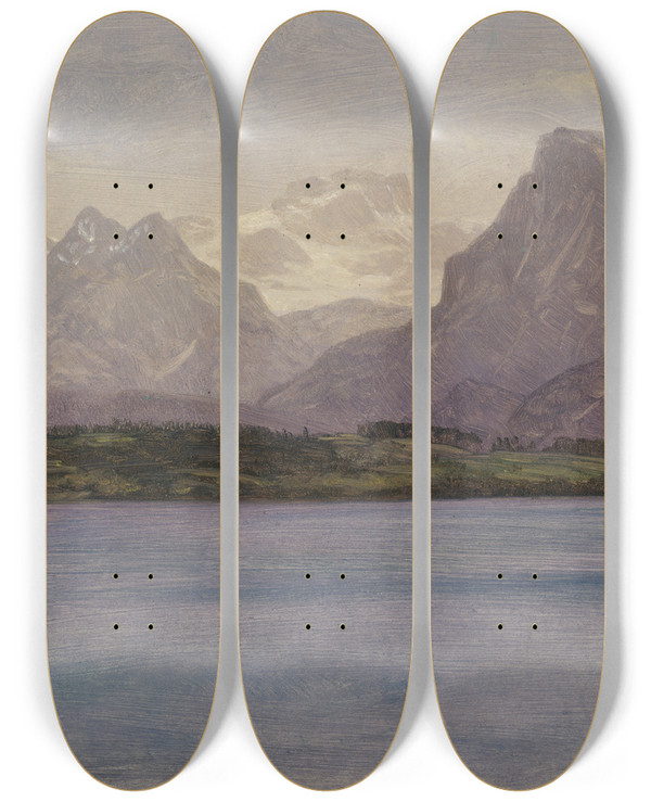Triptych art skateboard deck of Albert Bierstadt Alaskan Coast Range by Albert Bierstadt (1830-1902)