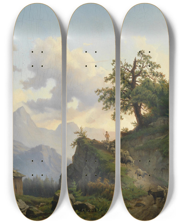Triptych art skateboard deck of Josef Thoma Schafhirte Mit Seiner Herde Am Heimweg by Josef Thoma (1828-1899)