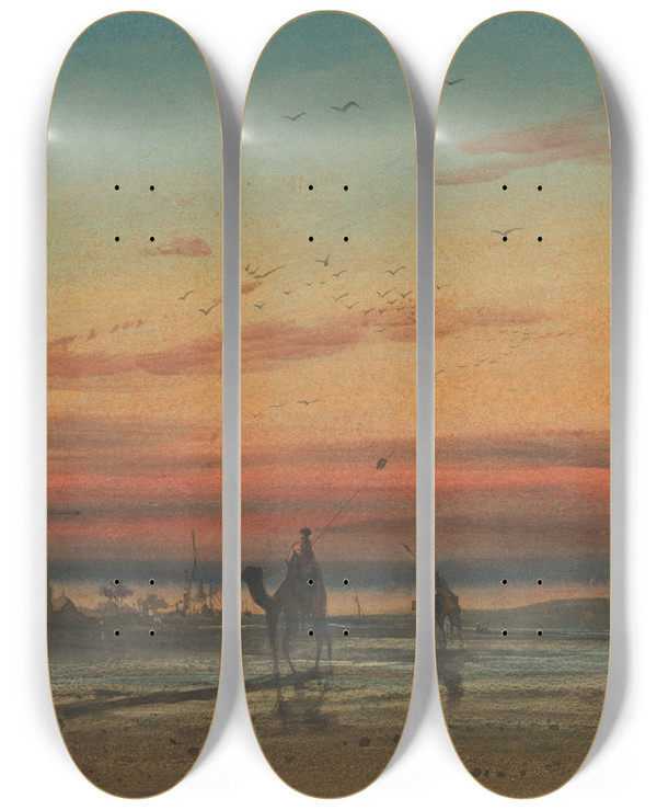 Triptych art skateboard deck of Louisamable Crapelet Sunset In Egypt With Two Bedouins On Camels by Louis-Amable Crapelet (1822-1867)