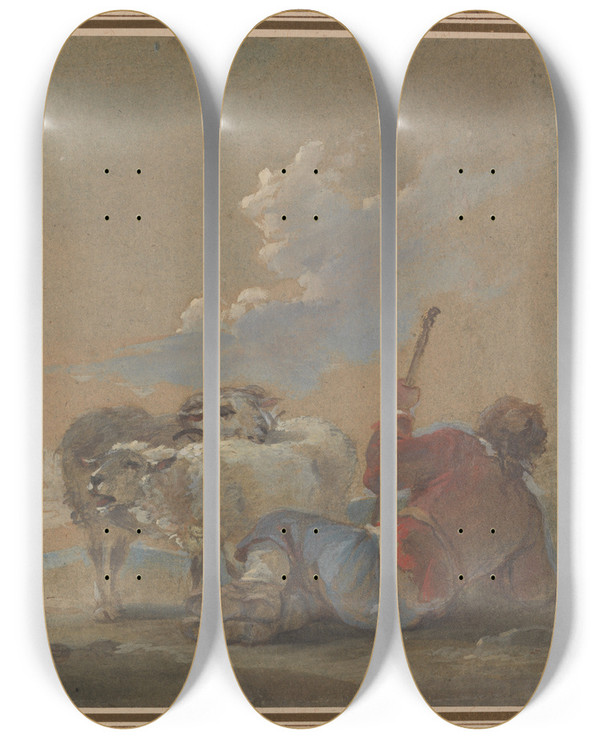 Triptych art skateboard deck of Thomas Barker Landscape With Shepherd And Sheep by Thomas Barker (1769-1847)