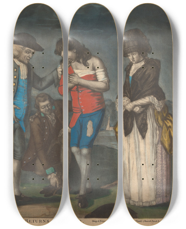 Triptych art skateboard deck of John Raphael Smith The Prodigal Son Returns Reclaimd by John Raphael Smith (1752-1812)
