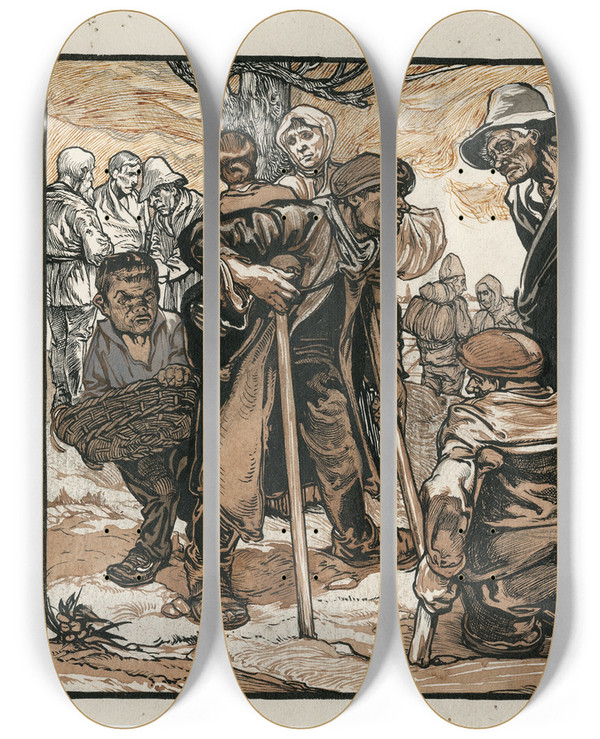 Triptych art skateboard deck of Johannes Josephus Aarts Beggars And Cripples by Johannes Josephus Aarts (1871-1934)