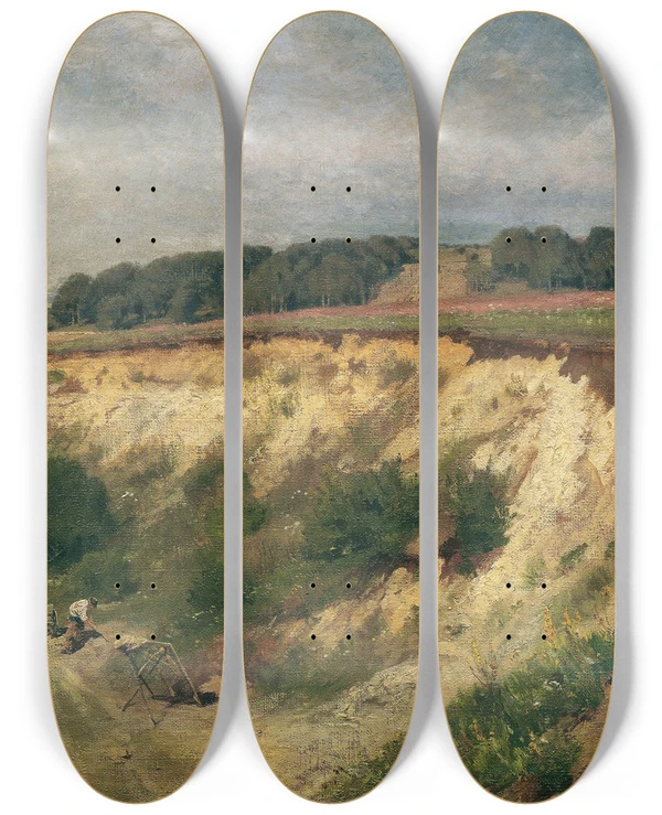 Triptych art skateboard deck of Hugo Darnaut Die Sandgrube by Hugo Darnaut (1850-1937)