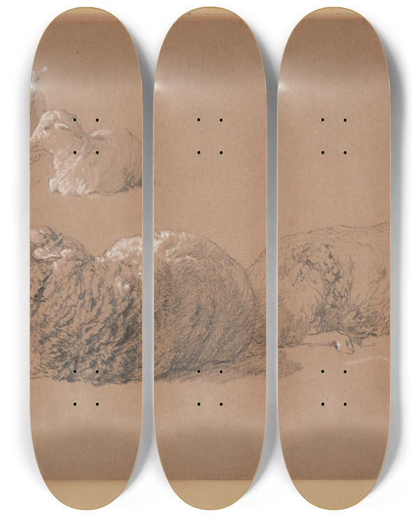 Triptych art skateboard deck of Jacquesraymond Brascassat Tudes De Moutons Couchs by Jacques Raymond Brascassat (1804-1867)