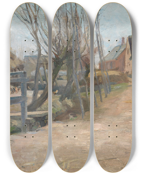 Triptych art skateboard deck of Albert Gottschalk Tidlig Forrsdag I Glostrup by Albert Gottschalk (1866-1906)