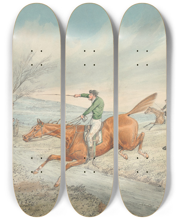 Triptych art skateboard deck of Henry Thomas Alken Steeplechasing Three Riders Taking A Brook by Henry Thomas Alken (1785-1851)