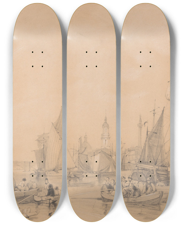 Triptych art skateboard deck of William Parrott The Port Of London by William Parrott (1843-1915)
