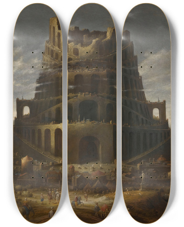 Triptych art skateboard deck of Jan Christiaensz Micker The Tower Of Babel by Jan Christiaensz Micker (1598-1664)