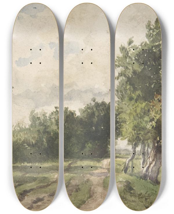 Triptych art skateboard deck of Constant Troyon Landscape by Constant Troyon (1810-1865)