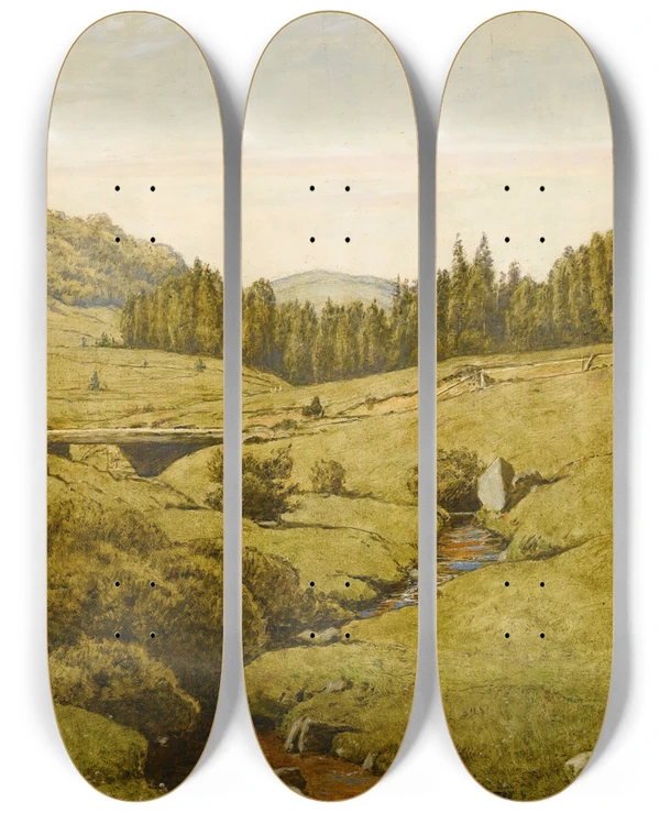 Triptych art skateboard deck of Hans Thoma Black Forest Landscape by Hans Thoma (1839-1924)