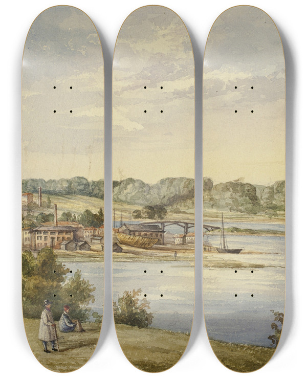 Triptych art skateboard deck of Elizabeth Murray View From Sydney by Elizabeth Murray (1815-1882)