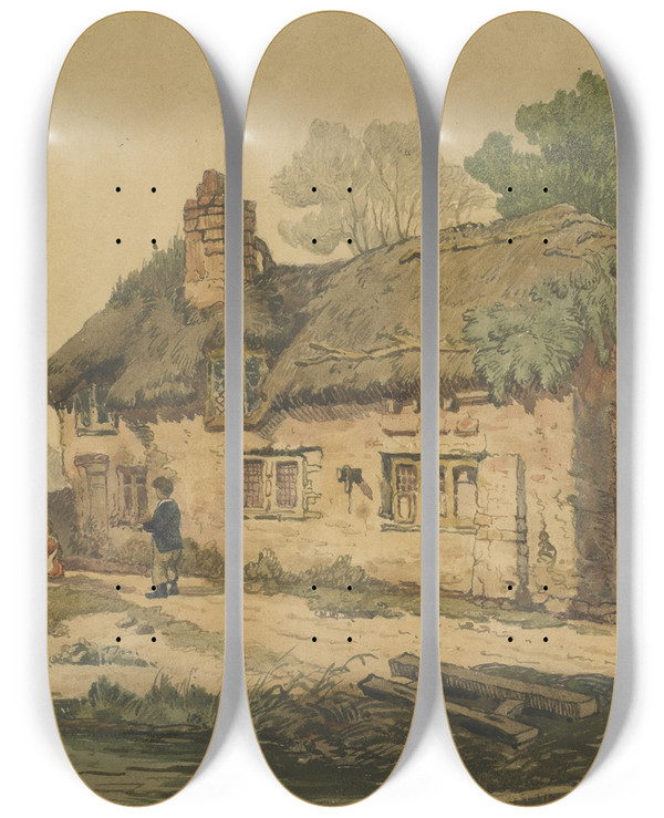 Triptych art skateboard deck of Samuel Prout Brook And Cottage by Samuel Prout (1783-1852)