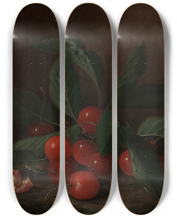 Triptych art skateboard deck of Paul Lacroix Still Life Withcherries by Paul Lacroix (1827-1869)