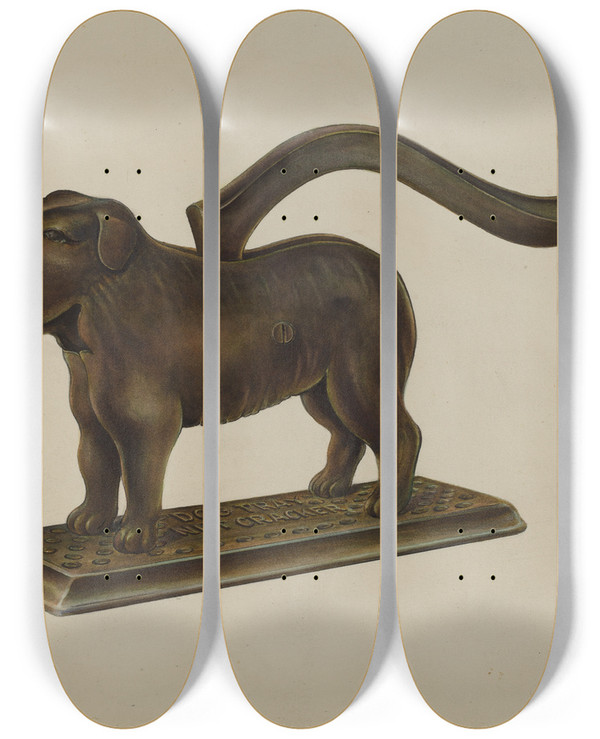 Triptych art skateboard deck of Gerald Transpota Nutcracker Dog Tray by Gerald Transpota (1898-1971)