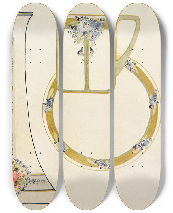 Triptych art skateboard deck of Adeline More Naturalistic Designs Adapted To Ceramic Shapes by Adeline More