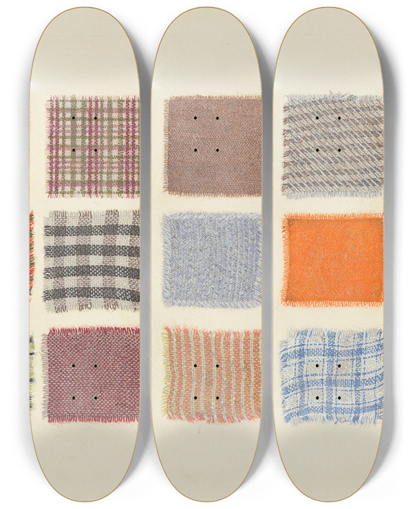 Triptych art skateboard deck of Frank J Mace Factory Cloth Samples by Frank J Mace