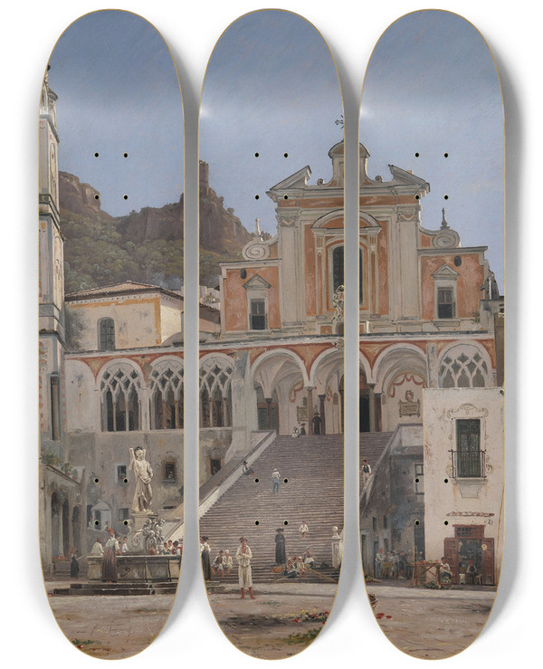 Triptych art skateboard deck of Martinus Rrbye View Of The Square In Amalfi by Martinus Rorbye (1803-1848)