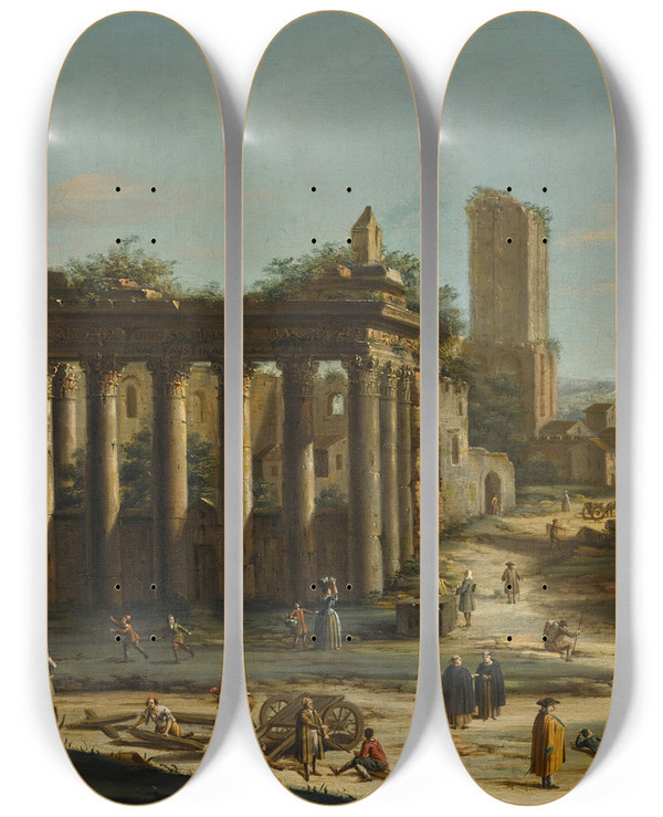 Triptych art skateboard deck of Jacopo Fabris Rome A Capriccio View Of The Forum by Jacopo Fabris (1689-1761)