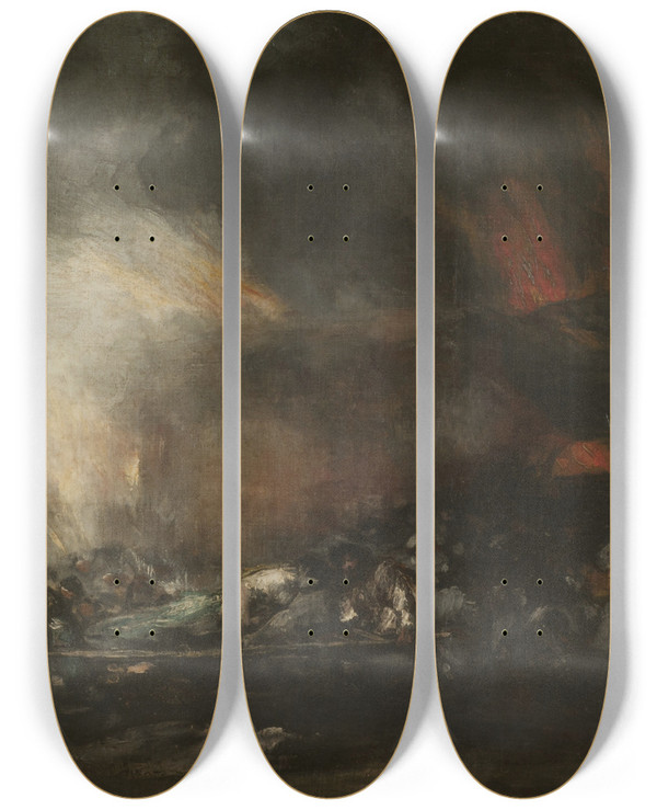 Triptych art skateboard deck of Francisco De Goya Incendio De Un Hospital by Francisco de Goya (1746-1828)