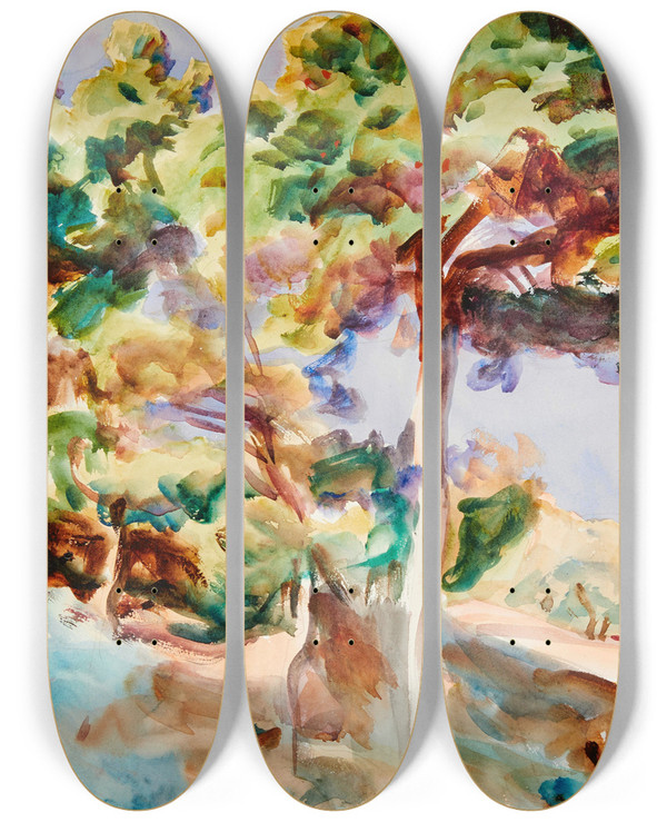 Triptych art skateboard deck of John Singer Sargent Trees by John Singer Sargent (1856-1925)