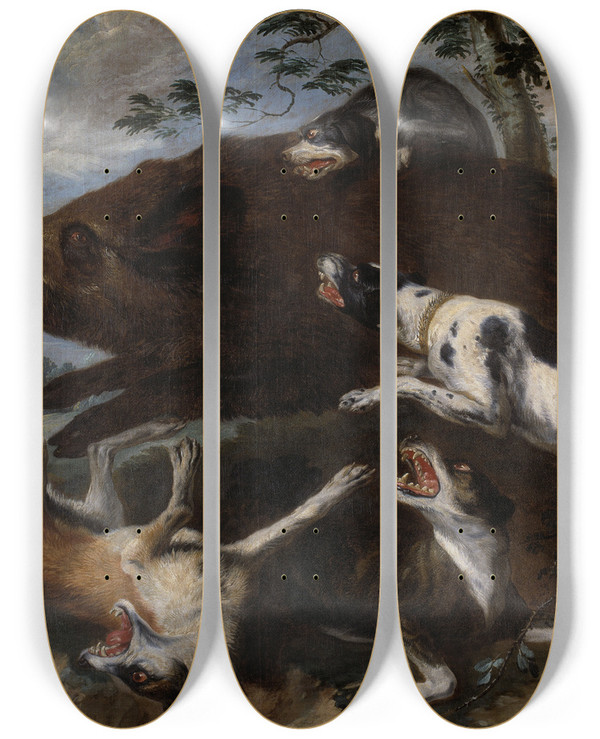 Triptych art skateboard deck of Frans Snyders Boar Hunt by Frans Snyders (1579-1657)