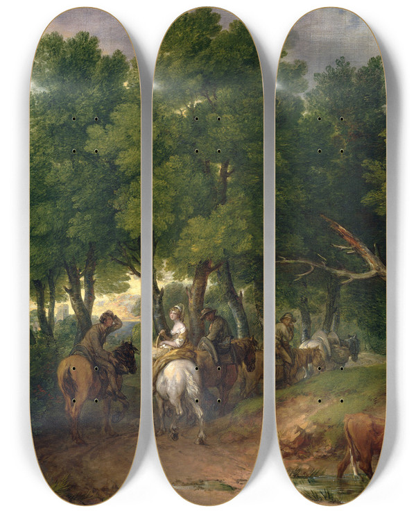 Triptych art skateboard deck of Thomas Gainsborough Road From Market by Thomas Gainsborough (1727-1788)