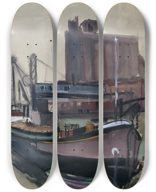 Triptych art skateboard deck of Otto Geigenberger Schiffe Im Hamburger Hafen by Otto Geigenberger (1881-1946)