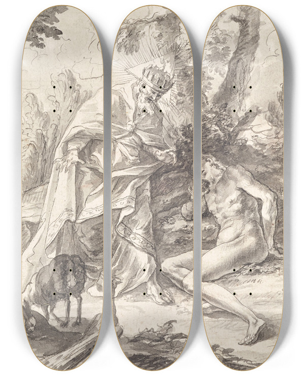 Triptych art skateboard deck of Gottfried Bernhard Gtz Gottvater Und Adam Im Paradies by Gottfried Bernhard Gotz (1708-1774)