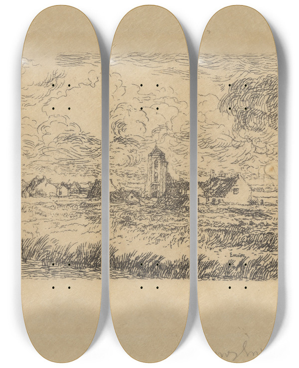 Triptych art skateboard deck of James Ensor Klein Gezicht Op Mariakerke_1 by James Ensor (1860-1949)