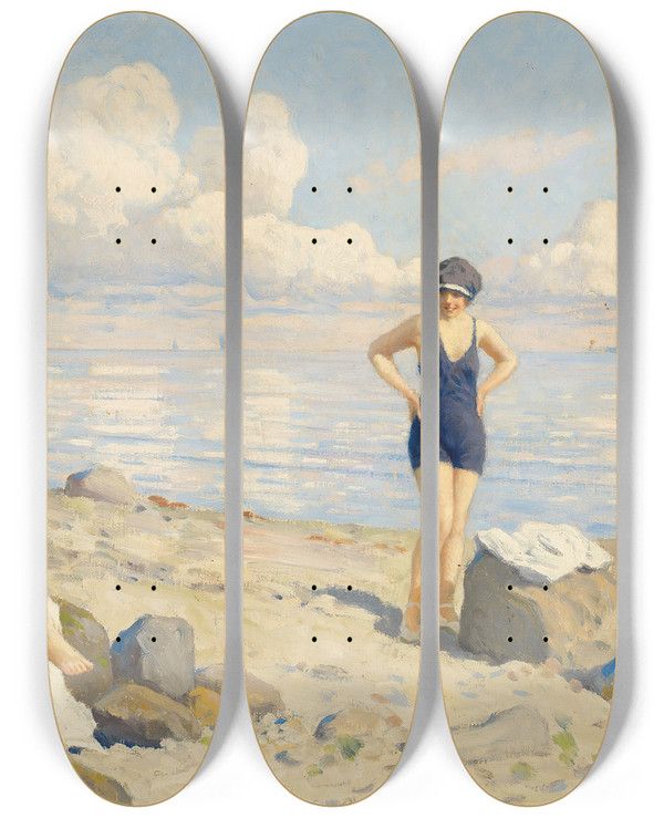 Triptych art skateboard deck of Paul Fischer On The Beach by Paul Fischer (1860-1934)