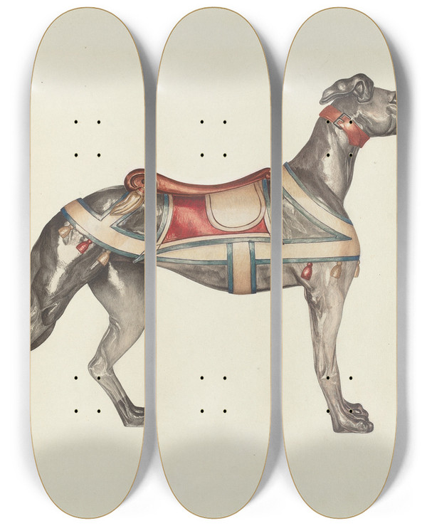 Triptych art skateboard deck of Dorothy Handy Carousel Dog by Dorothy Handy