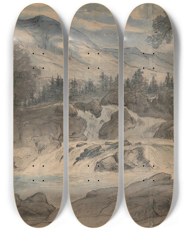 Triptych art skateboard deck of Thomas Fearnley The Labro Falls_3 by Thomas Fearnley (1802-1842)