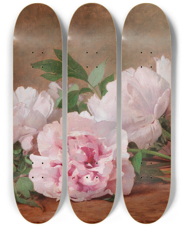 Triptych art skateboard deck of Alexandre Gamba De Preydour Peonies by Alexandre Gamba De Preydour (1846-1931)