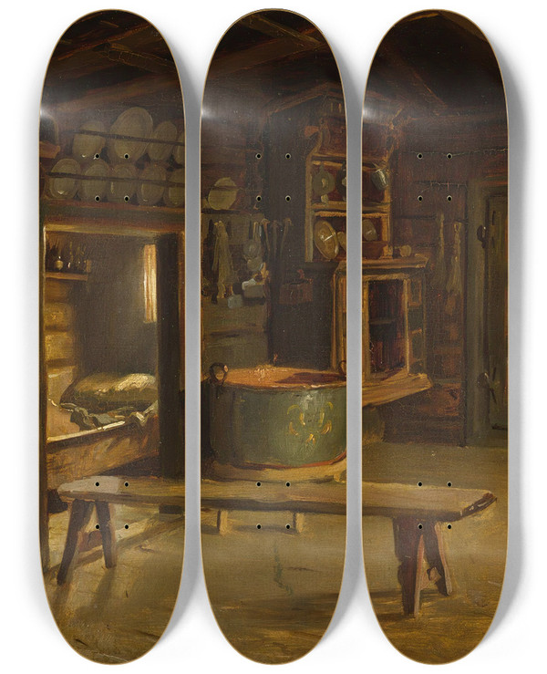 Triptych art skateboard deck of Adolph Tidemand Farm Interior From Gulsvik In Hallingdal by Adolph Tidemand (1814-1876)