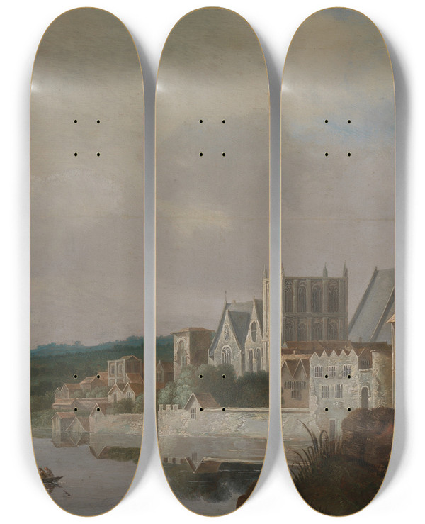 Triptych art skateboard deck of Claude De Jongh The Thames At Westminster by Claude de Jongh (1605-1663)