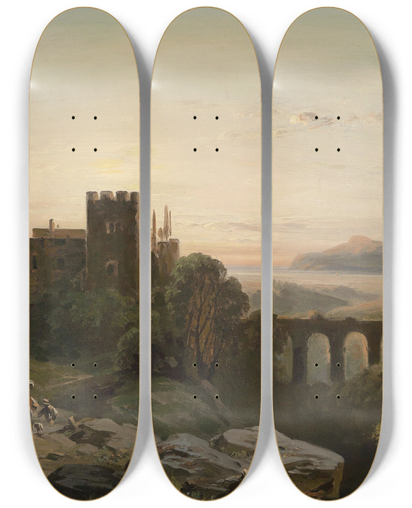 Triptych art skateboard deck of August Seidel Sdliche Ansicht Im Abendrot by August Seidel (1820-1904)