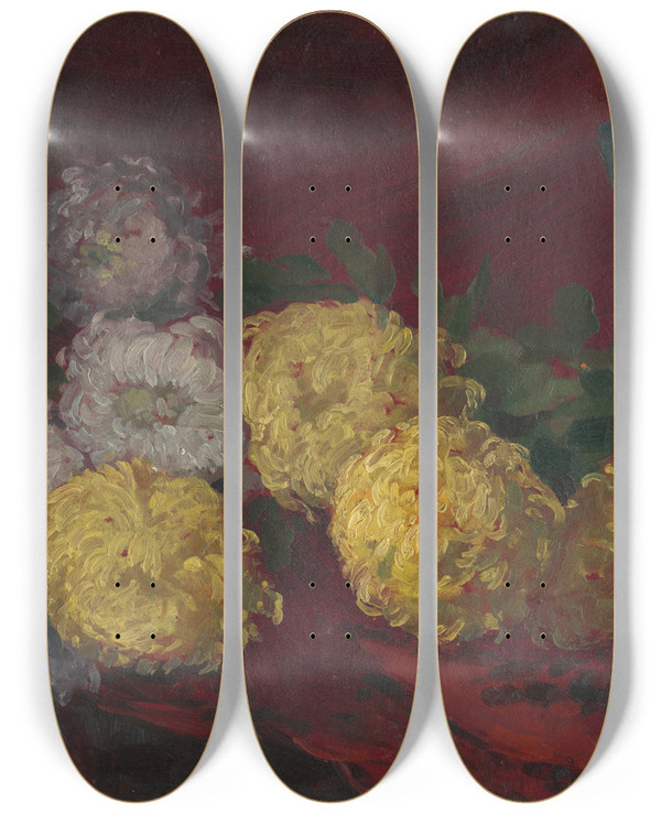 Triptych art skateboard deck of Udovt Ordk Chrysanthemums On The Table by udovt ordk (1865-1937)