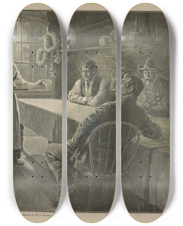 Triptych art skateboard deck of William Allen Rogers A Sicilian Caf In New York by William Allen Rogers (1854-1931)