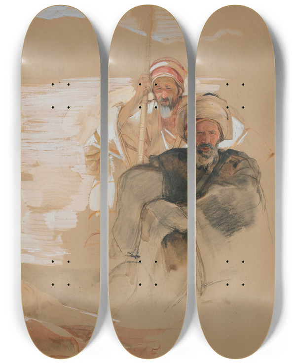 Triptych art skateboard deck of John Frederick Lewis Study Of Three Arabs by John Frederick Lewis (1805-1876)