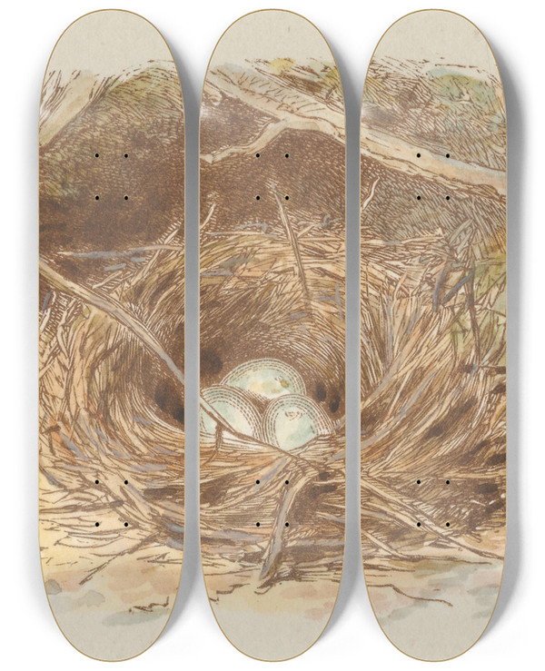 Triptych art skateboard deck of Alfred W Cooper The Deserted Nest Tail Piece by Alfred W Cooper