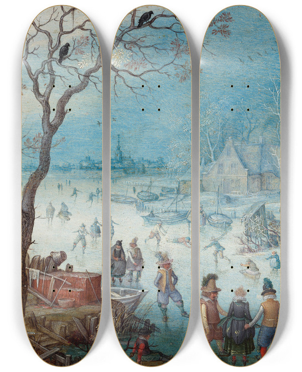 Triptych art skateboard deck of Christoffel Van Den Berghe Winter Landscape by Christoffel Van Den Berghe (1590-1628)