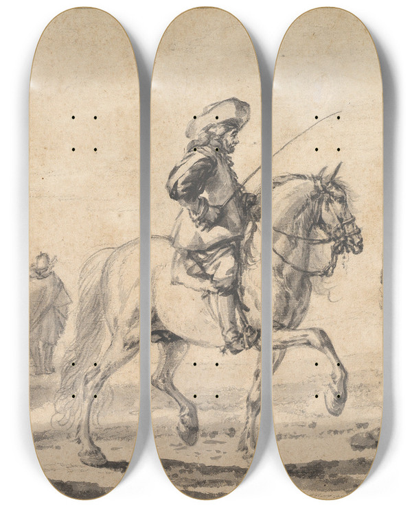 Triptych art skateboard deck of Philips Wouwerman A Mounted Grey Horse Being Schooled In Piaffe by Philips Wouwerman (1619-1668)