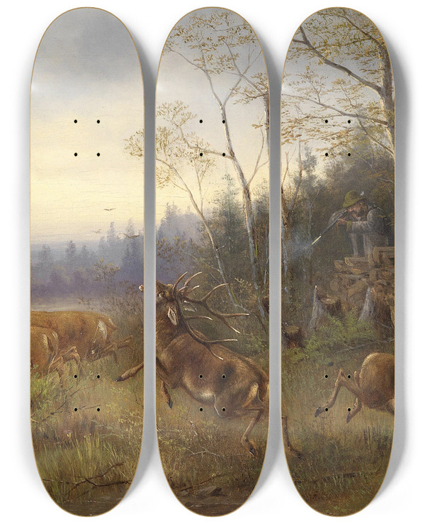 Triptych art skateboard deck of Moritz Mller Hirschjagd by Moritz Melzer (1841-1899)