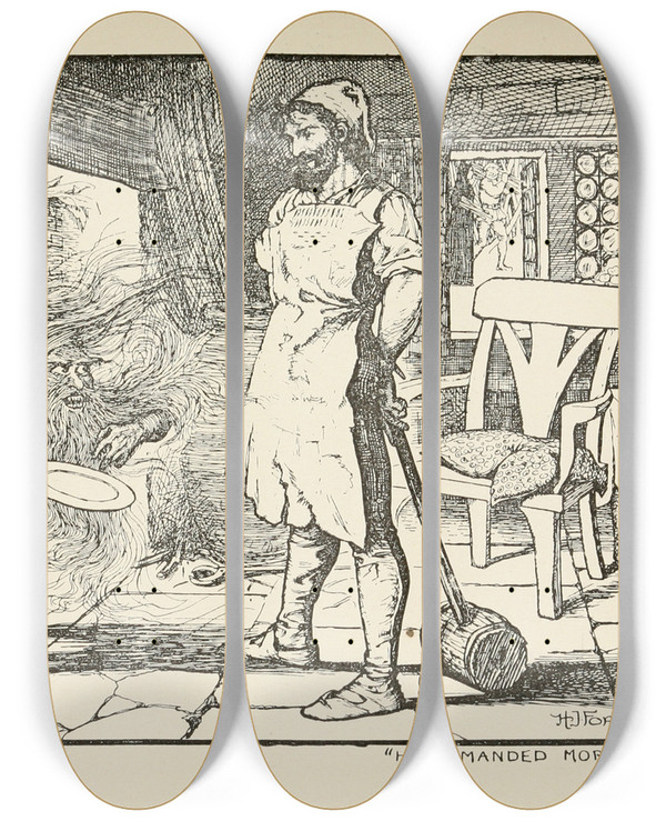 Triptych art skateboard deck of Henry Justice Ford The Little Gray Man by Henry Justice Ford (1860-1941)
