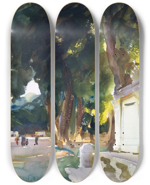 Triptych art skateboard deck of John Singer Sargent Spanish Midday Aranjuez by John Singer Sargent (1856-1925)