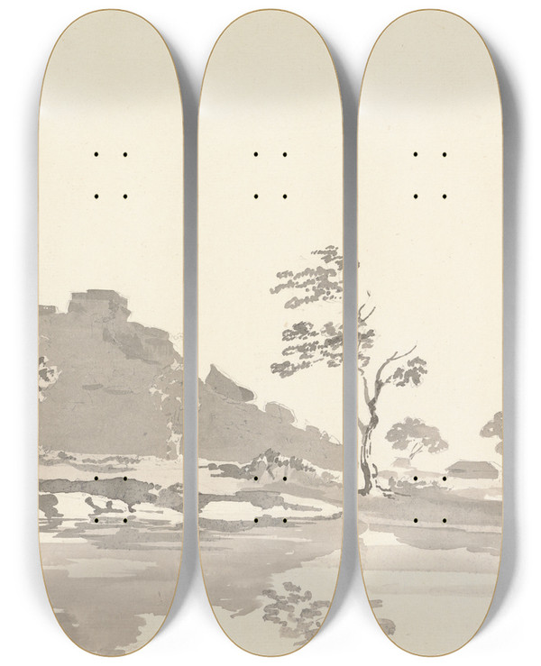 Triptych art skateboard deck of Samuel Davis River Scene With A Fort On A Hill In The Middle Distance by Samuel Davis (1757-1819)