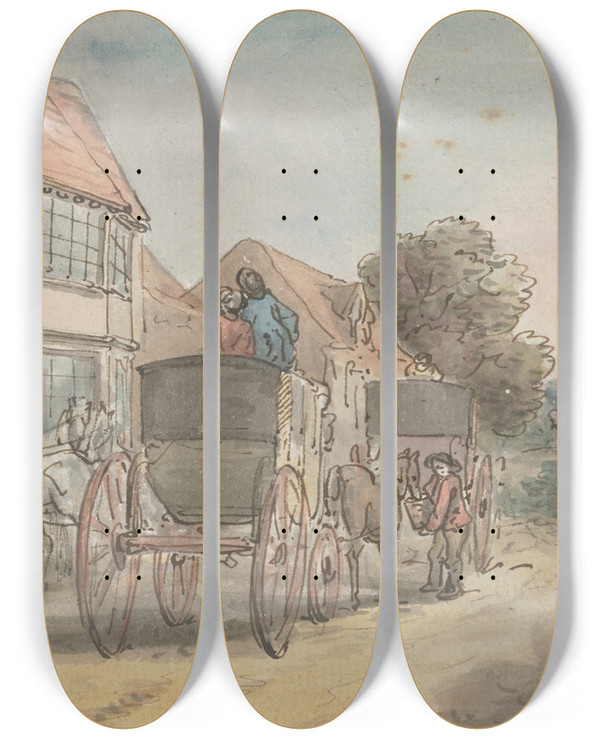 Triptych art skateboard deck of Thomas Rowlandson Coaches Outside An Inn by Thomas Rowlandson (1756-1827)